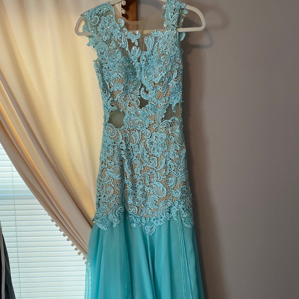 Light blue sequin mesh chiffon pageant dress